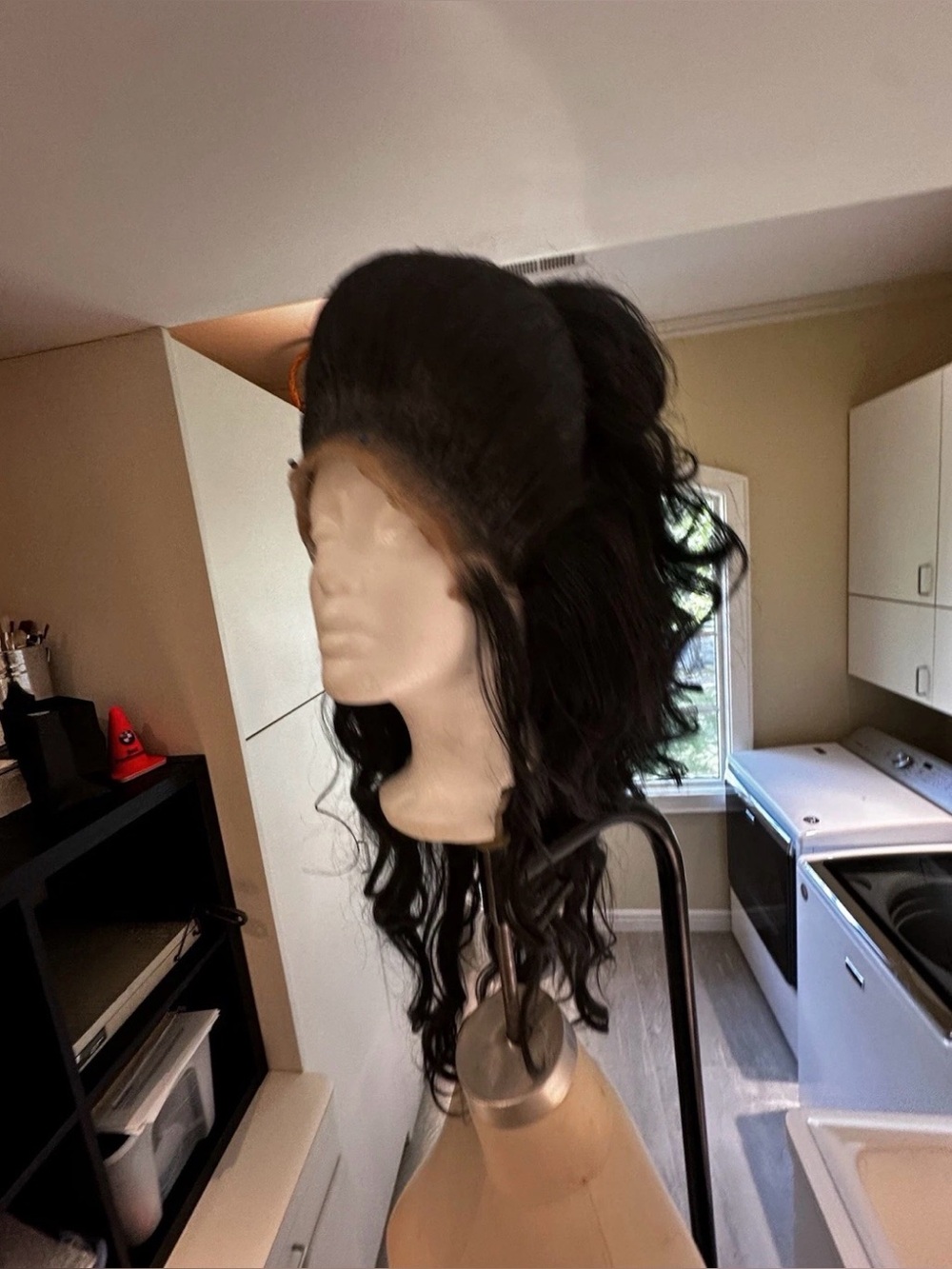 Black Long Synthetic Lace-Front Curly Wig with Puff/Bump